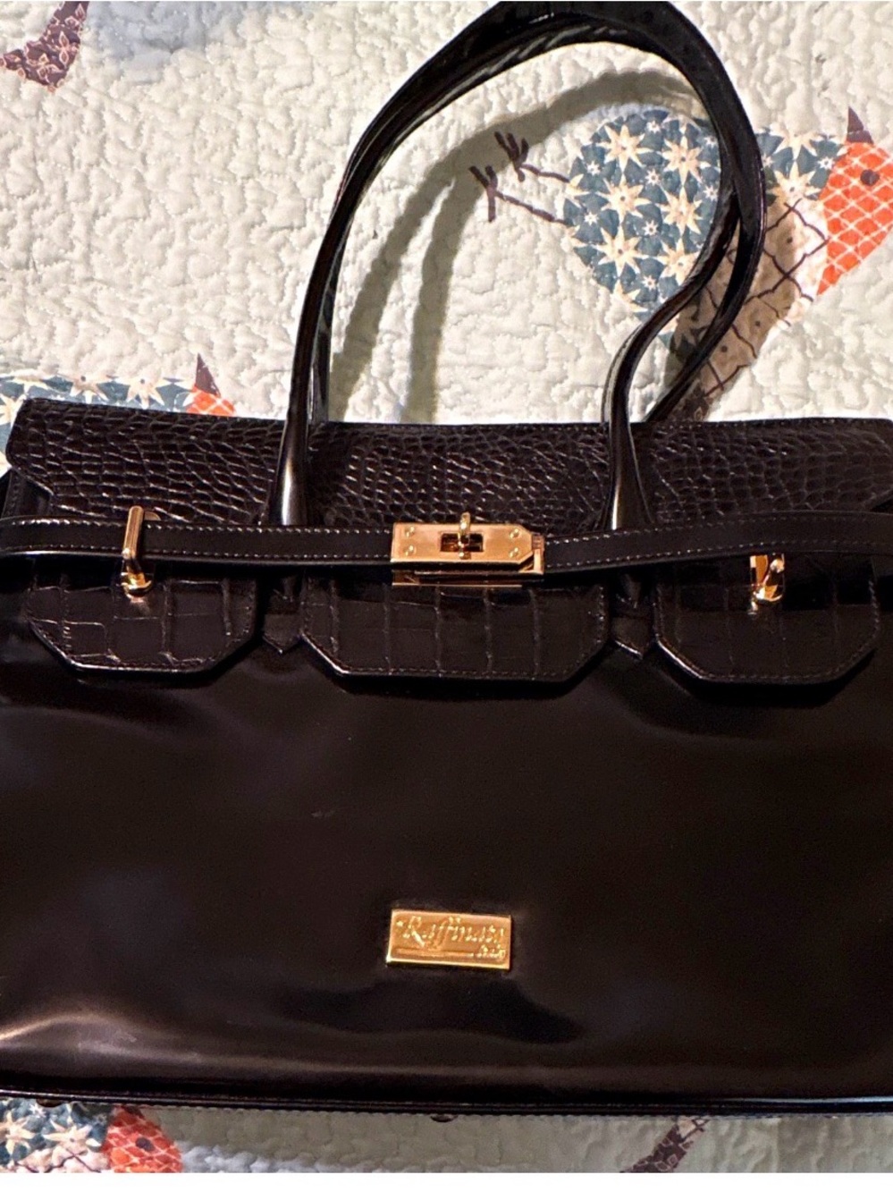 Patent Black Satchel with Croc-Trim and Gold Hardware